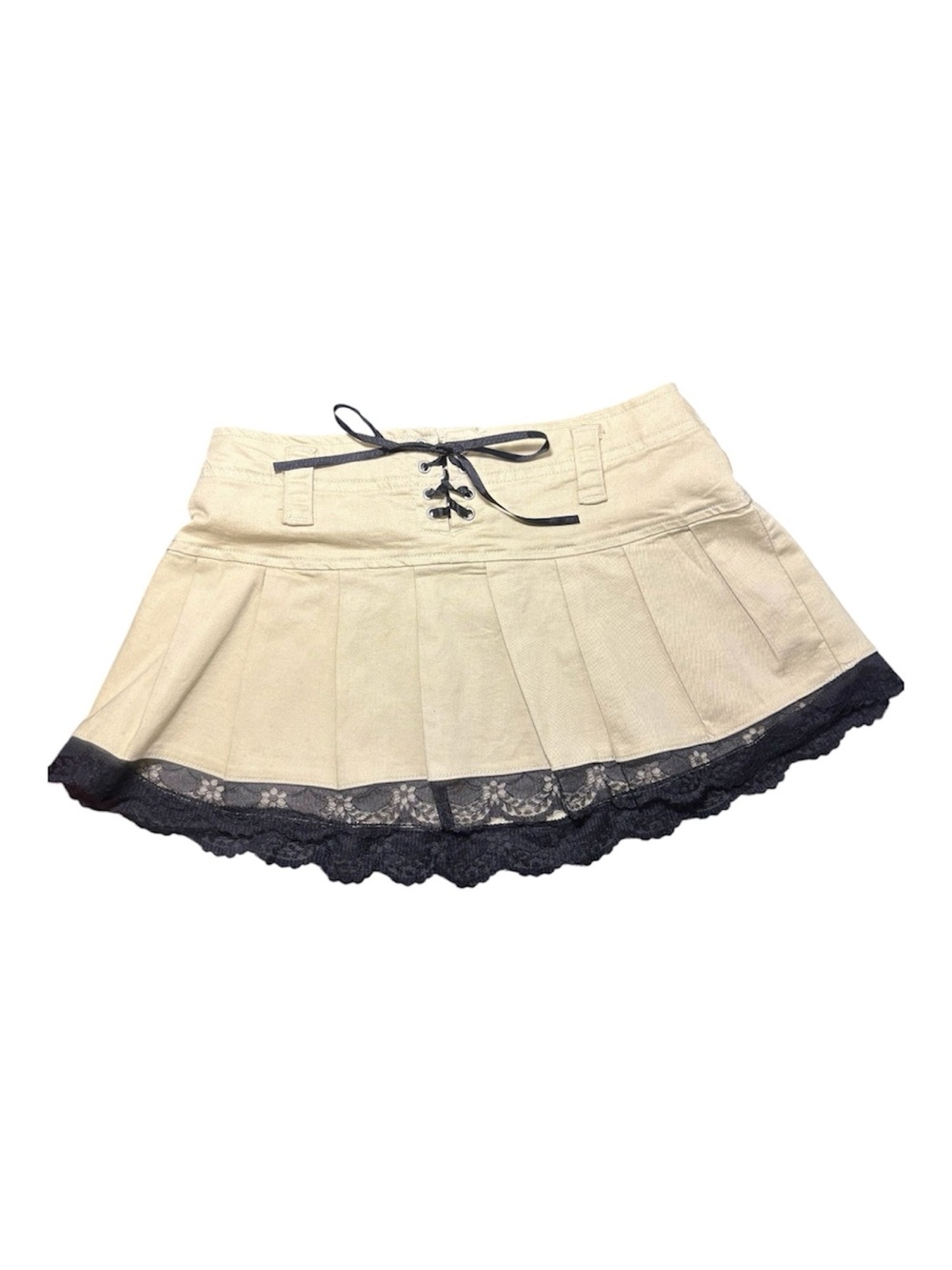 EDIKTED Cream Pleated Mini Skirt with Black Lace Trim